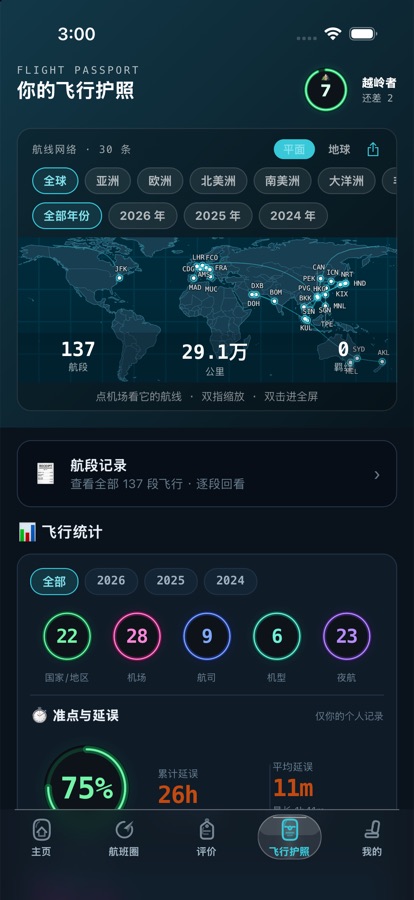 航忆的飞行护照页面：世界地图上连起来的航线、飞行统计